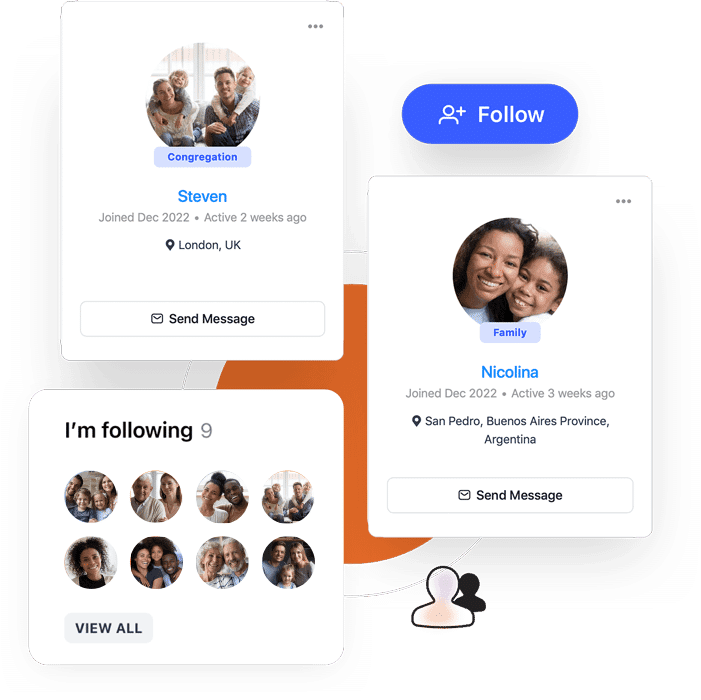 Individual profiles of two people with eight small circular profile images below